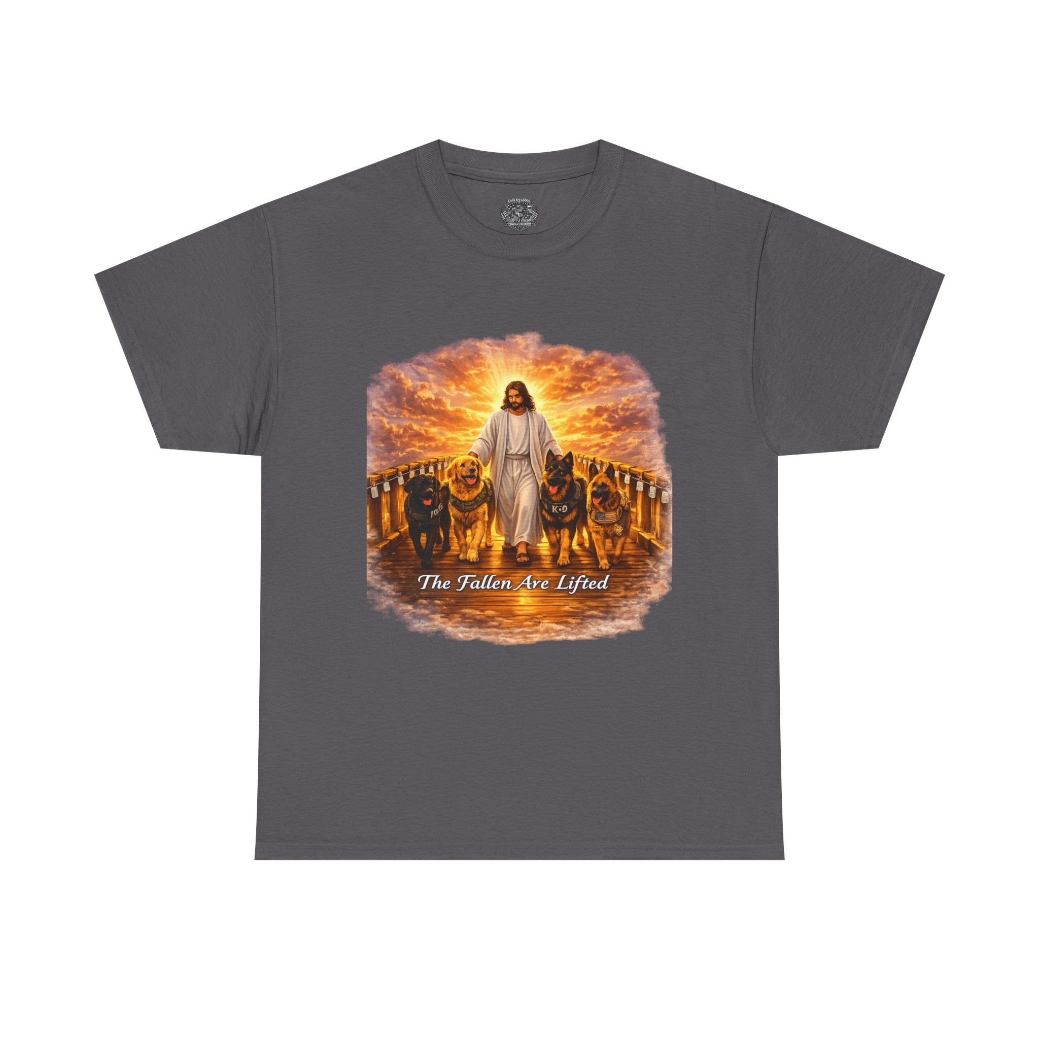 Jesus with Dogs T-Shirt — "The Fallen Are Lifted" Christian Faith Tee