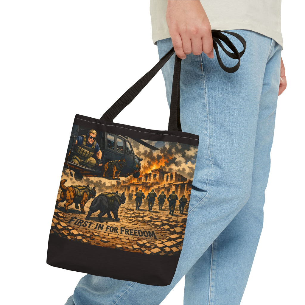 Tote Bag — "First In For Freedom" Military Scene Tote