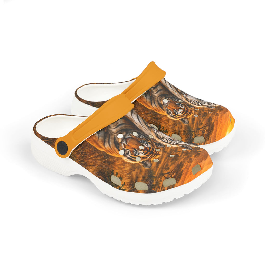 Kids Tiger Print Foam Clogs — Orange Jungle Animal Slip-On Shoes