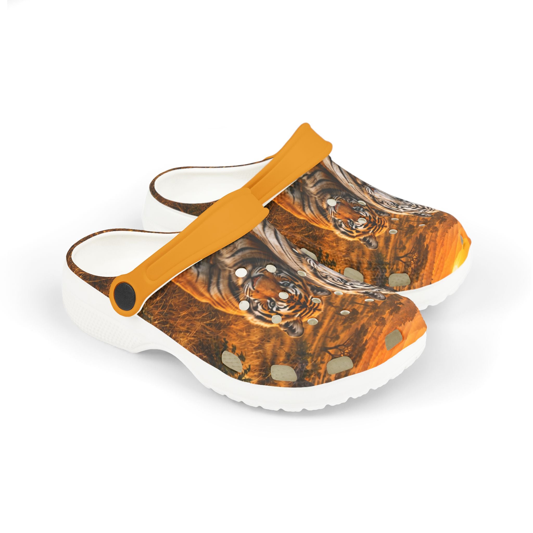 Kids Tiger Print Foam Clogs — Orange Jungle Animal Slip-On Shoes
