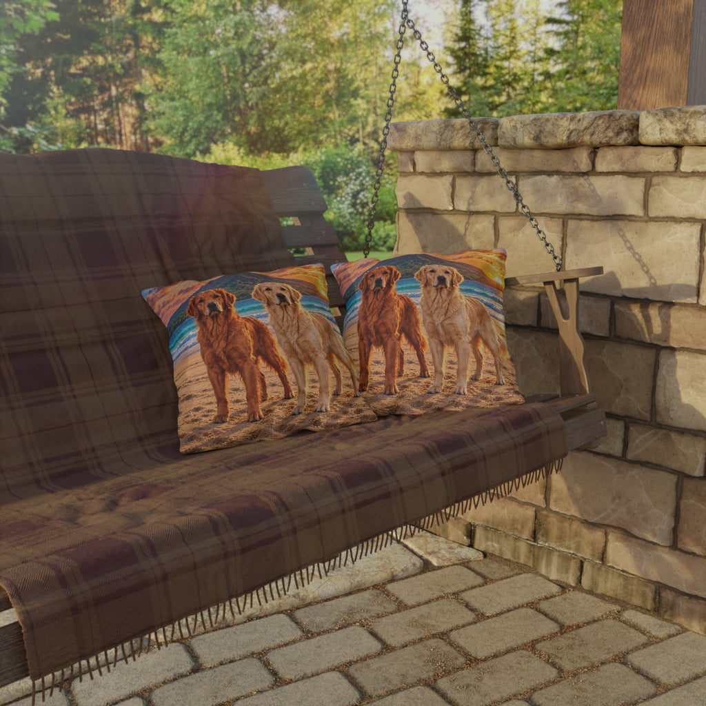 Golden Retrievers Beach Sunset Outdoor Pillow