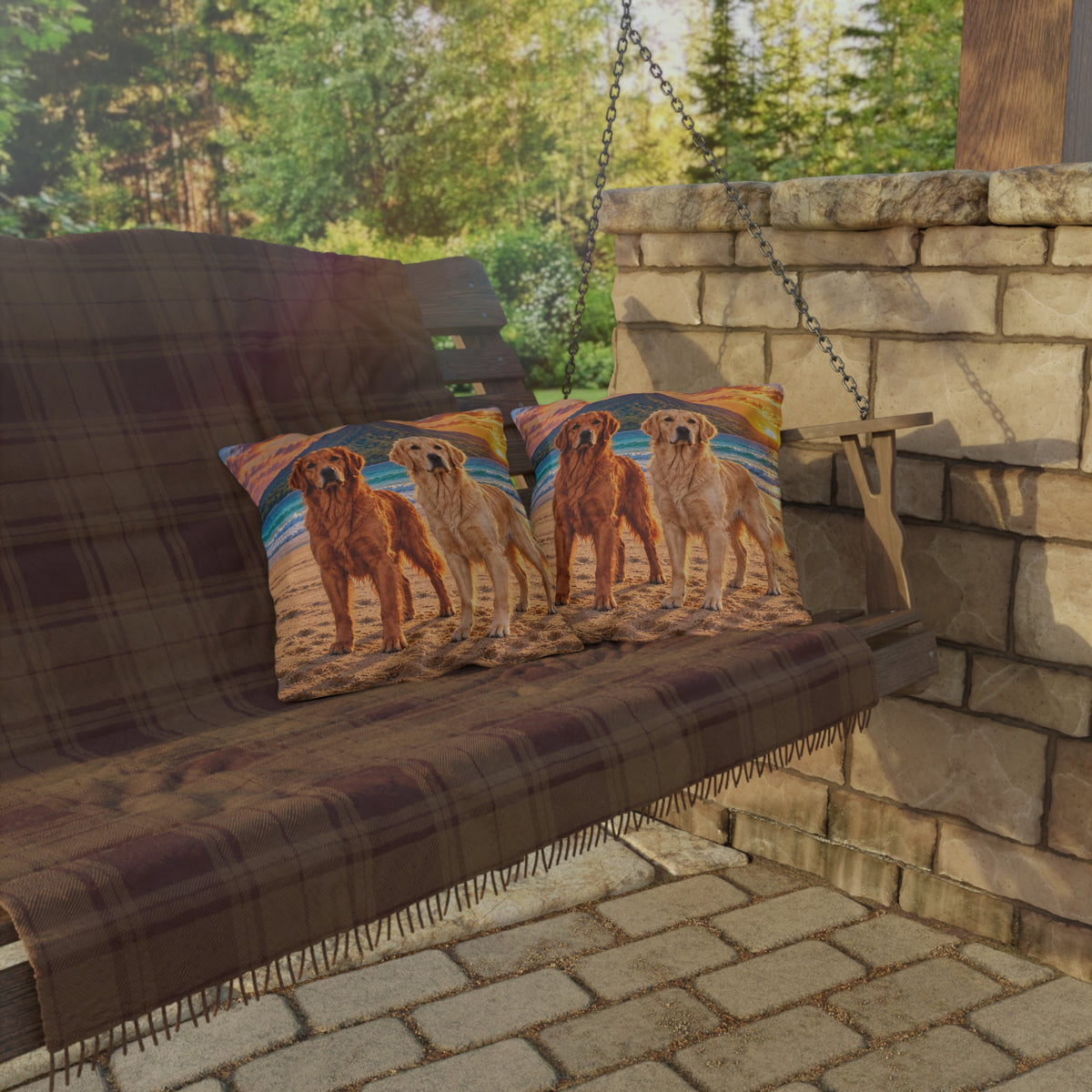 Golden Retrievers Beach Sunset Outdoor Pillow