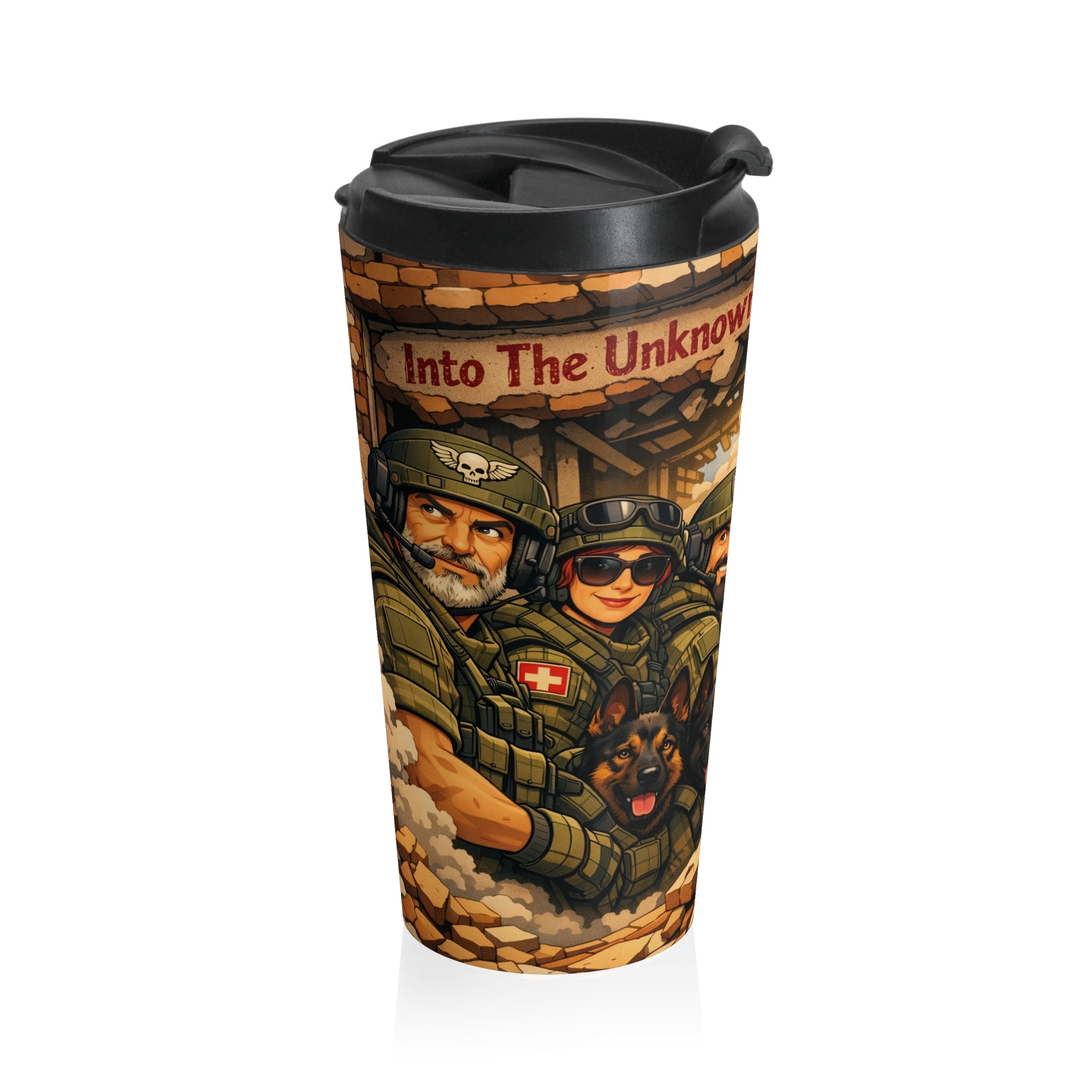 Military Tactical Travel Mug – ‘Into The Unknown’ Soldiers & K9 Stainless Steel Tumbler