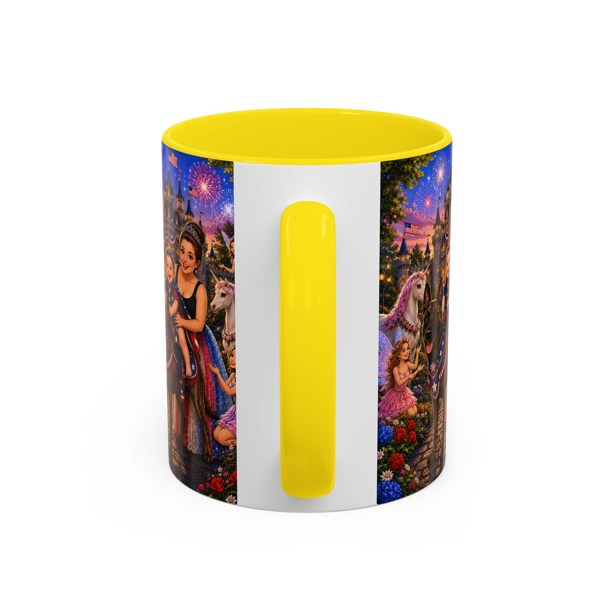 Patriotic Fairy Tale Coffee Mug — Family Castle, Fireworks & Unicorns