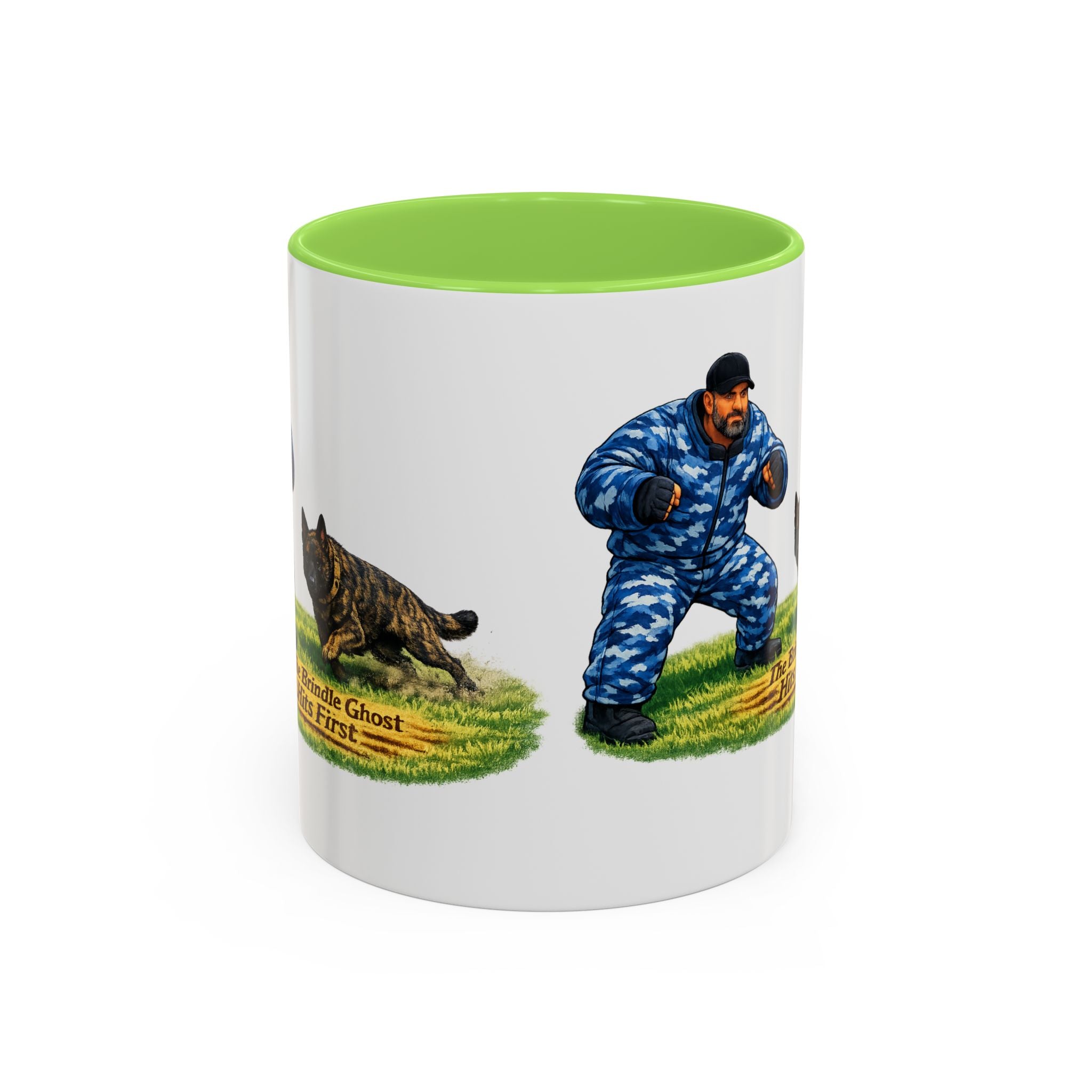 K9 Protection Trainer Mug — “The Brindle Ghost Hits First” Color Accent Coffee Cup (11oz/15oz)