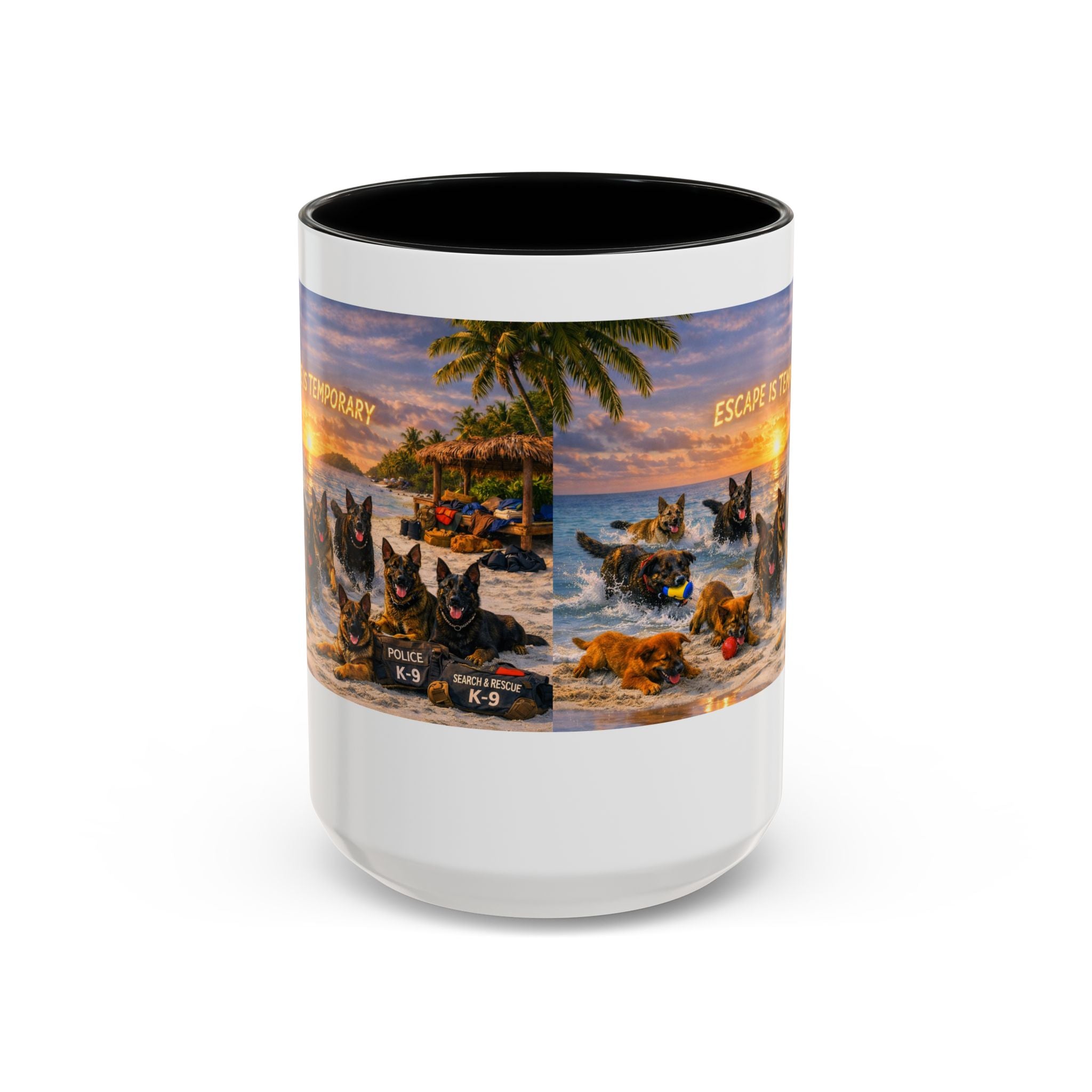 Dutch Shepherd Beach Coffee Mug — "Escape Is Temporary" Accent Mug (11/15oz)